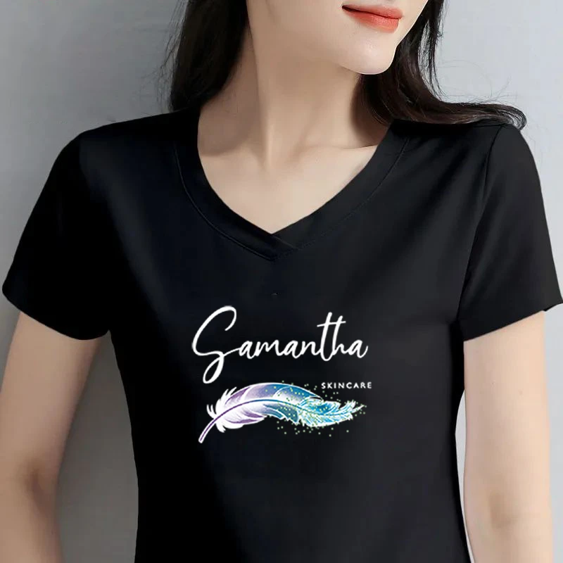 夏季女款黑色短袖t恤2024新款时尚宽松显瘦简约百搭v领半袖上衣潮