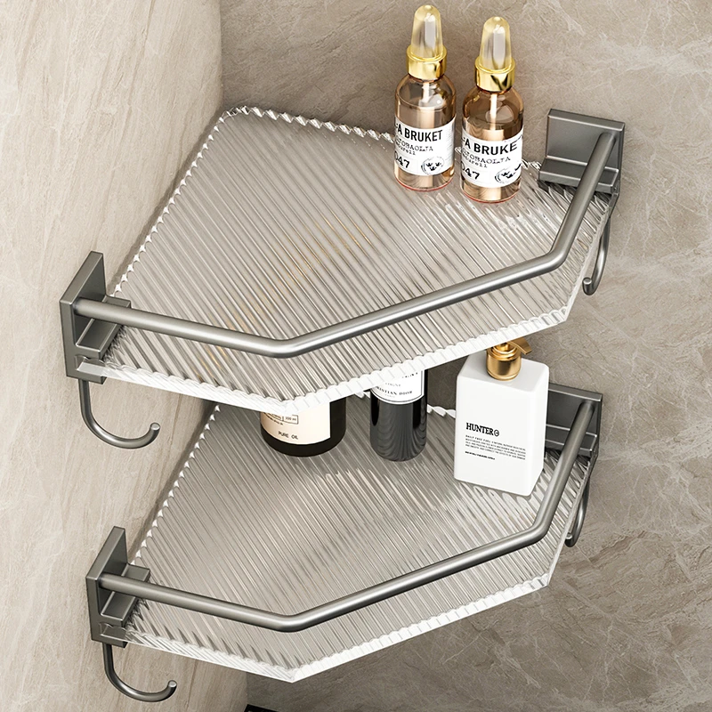 卫生间置物架浴室免打孔三角收纳架厕所洗漱台转角洗手间亚克力灰