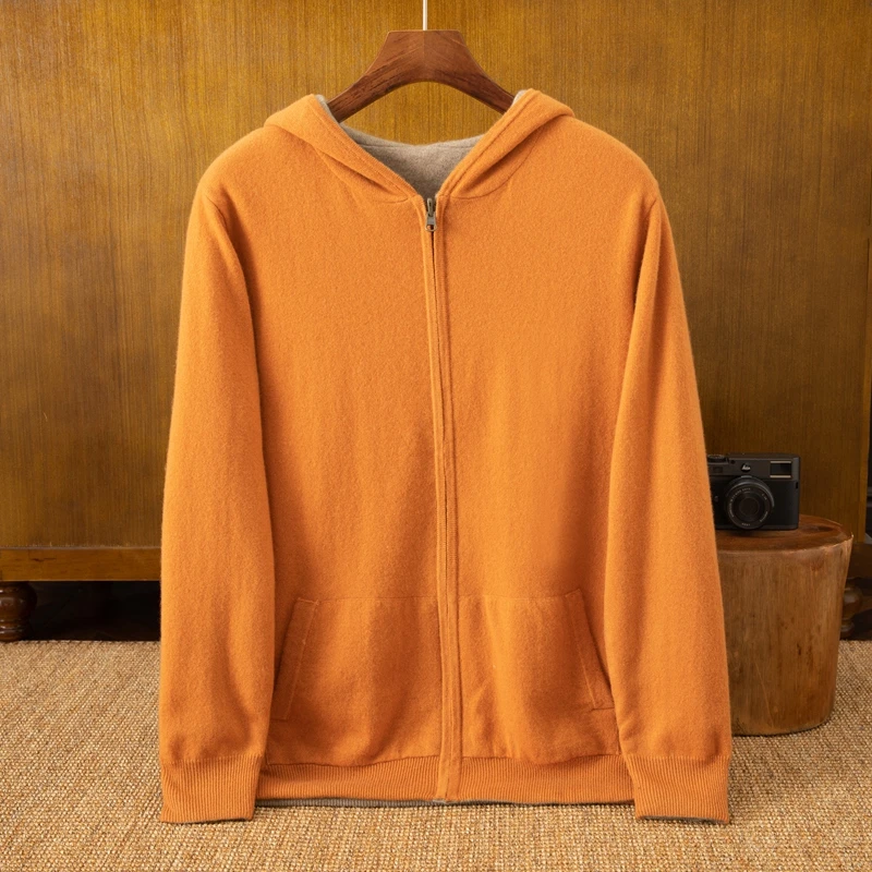 100%纯山羊绒衫男士加厚双面可穿连帽开衫