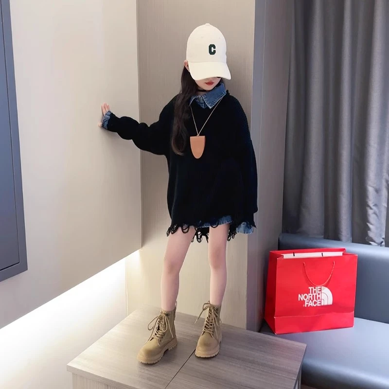 女童春装时尚针织毛衣2025新款儿童洋气牛仔衬衫春季韩版休闲上衣