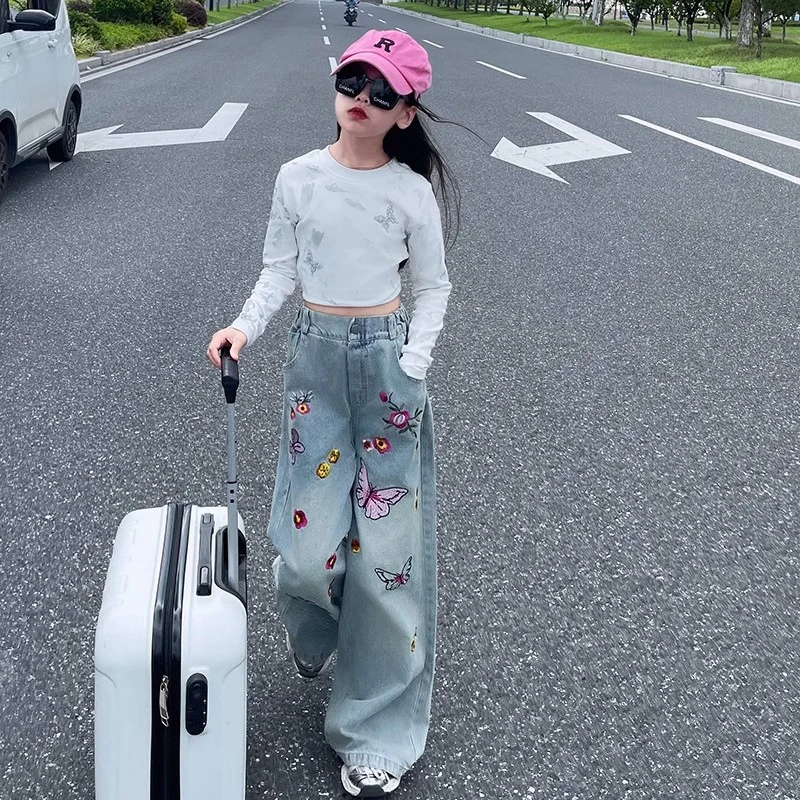 女童春季刺绣直筒牛仔裤套装2025新款6-12岁中大童时尚洋气两件套