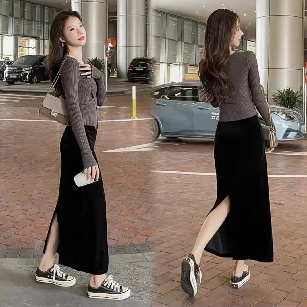 【工厂直发】2025秋冬金丝绒百搭裙新款女装修身显瘦中长款半身裙