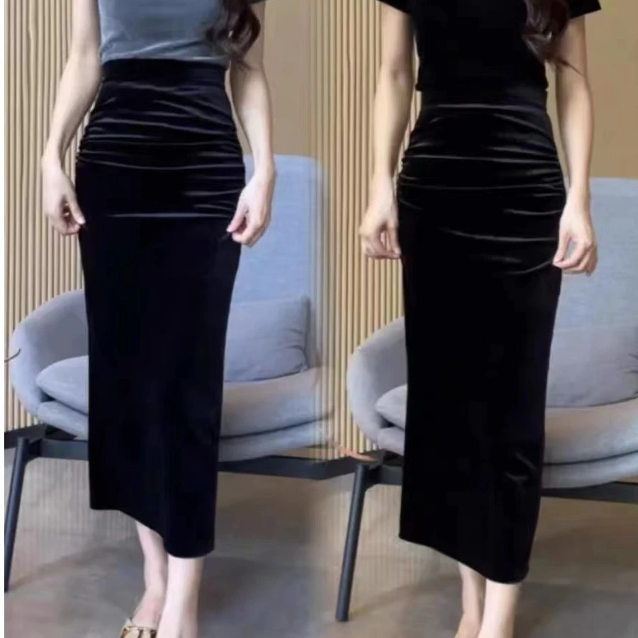 加绒加厚秋冬丝绒裙新款女装修身显瘦中长款气质包臀半身裙