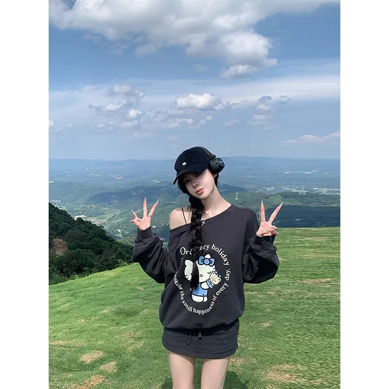 韩版宽松卡通猫猫印花长袖套头卫衣宽松百搭慵懒风卫衣女系带半裙