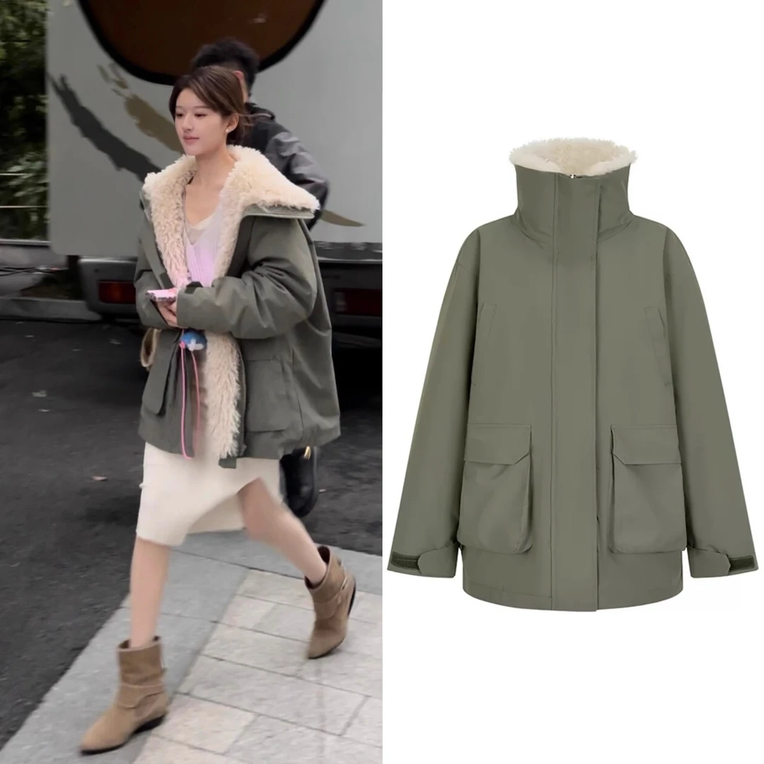 一件过冬/赵露丝同款军绿色羊羔毛绒派克服防风保暖冲锋衣外套