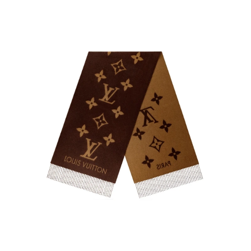 99新  LOUIS VUITTON 字母保暖双面时尚羊绒绒线围巾女款  深棕色