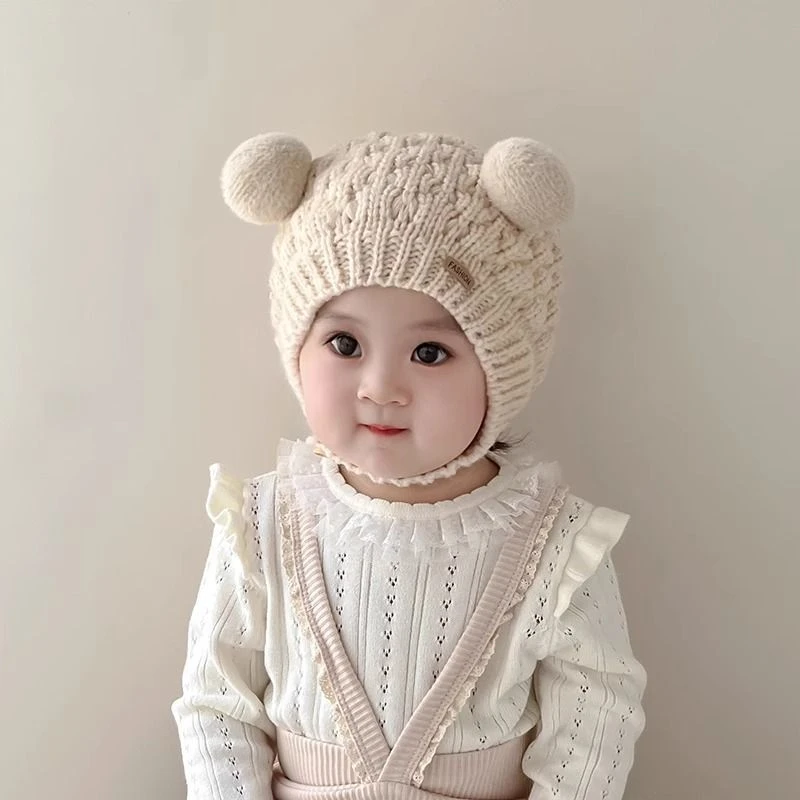 婴儿帽子秋冬毛线帽宝宝毛球针织帽男女儿童保暖护耳帽超萌包头帽