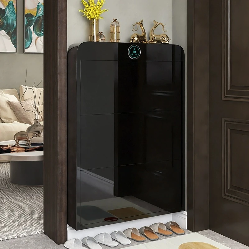 轻奢超薄鞋柜智能除菌杀菌进门客厅一体靠墙玄关黑色烤漆钢制鞋架