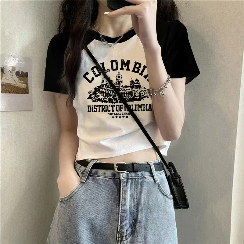 芬芬-显瘦短款夏季小众印花辣妹时尚圆领设计感T桖上衣