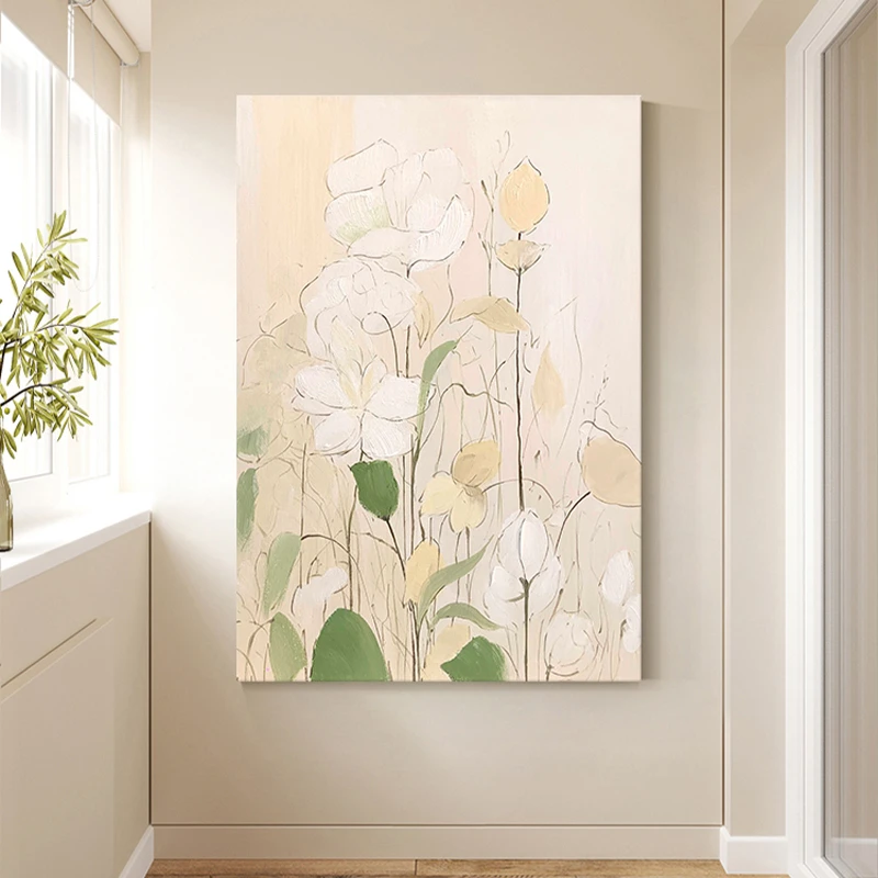 YQ原创手绘油画《花开系列》奶油风现代客厅装饰画卧室入户轻奢挂画