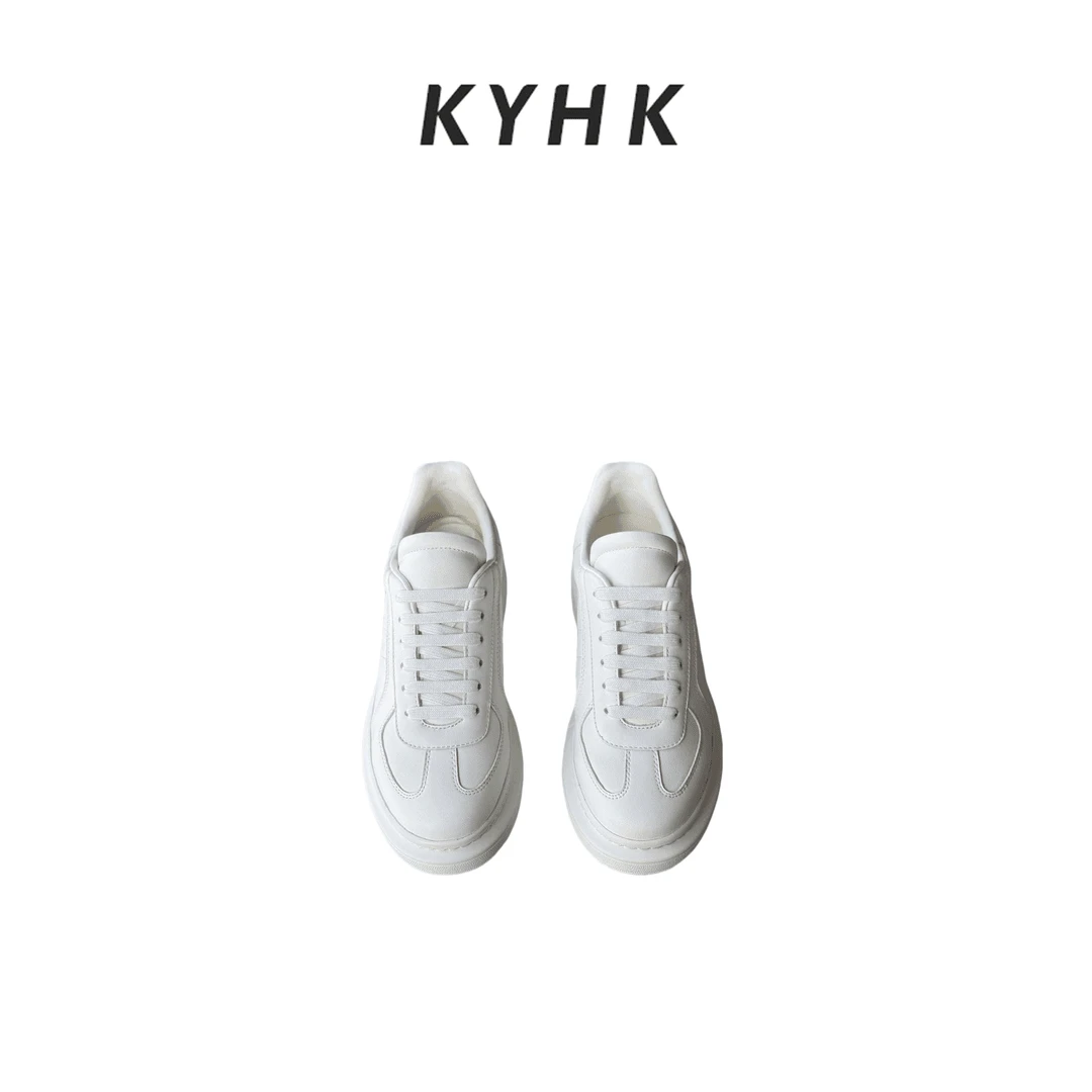 简约白色圆头系带低帮厚底休闲鞋240910