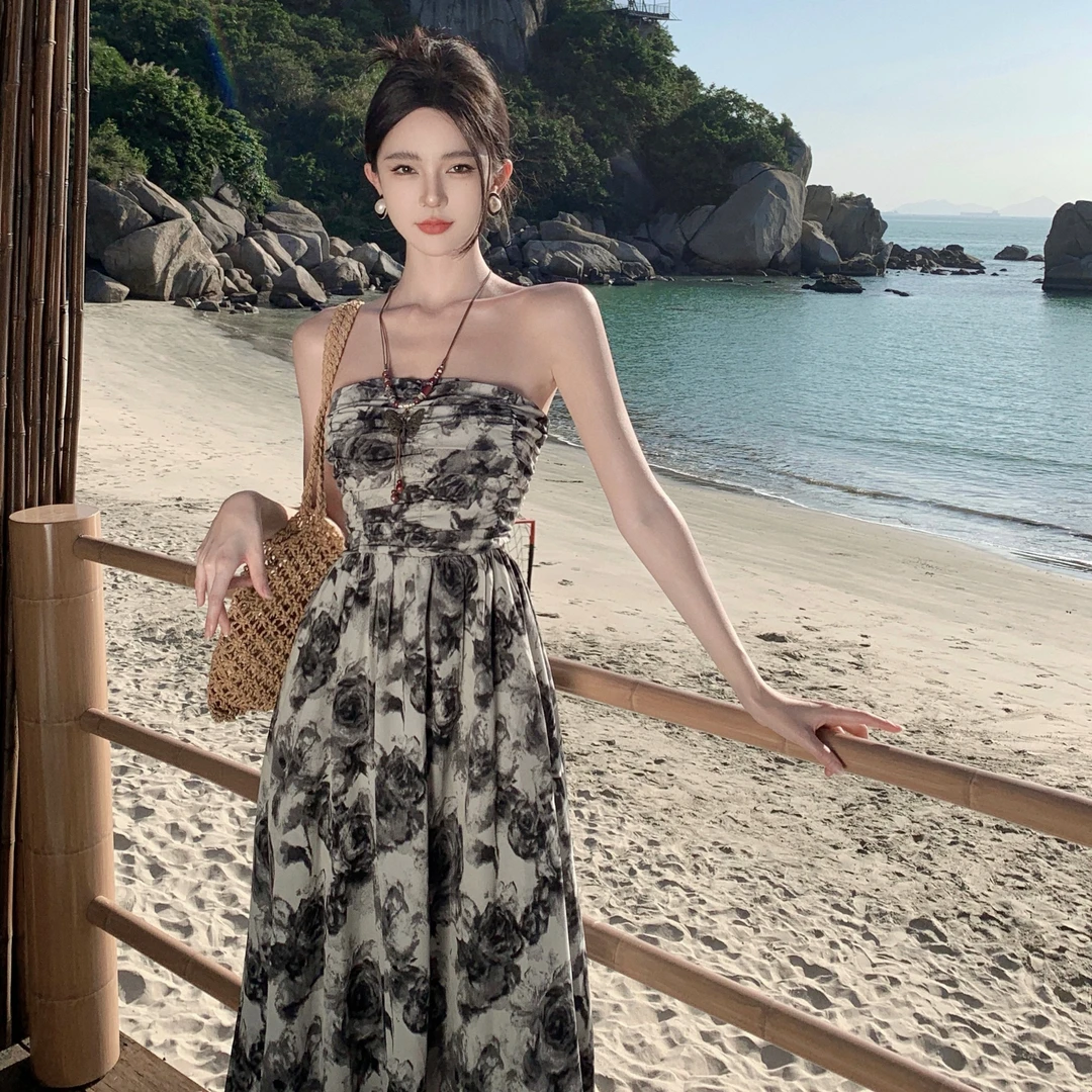 LS水墨碎花抹胸吊带连衣裙女夏季新款收腰显瘦性感露背长裙子