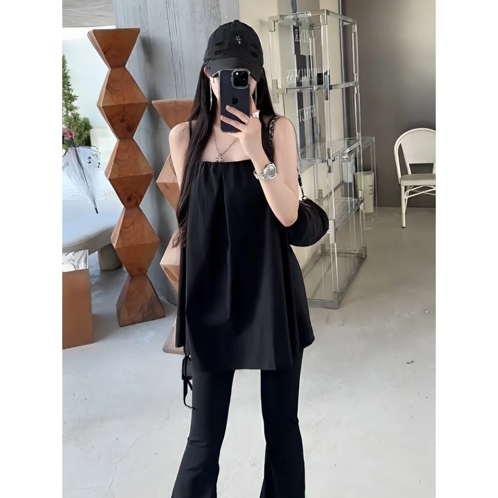 【好身材】休闲套装女设计感吊带背心上衣小衫高腰显瘦喇叭裤两件套