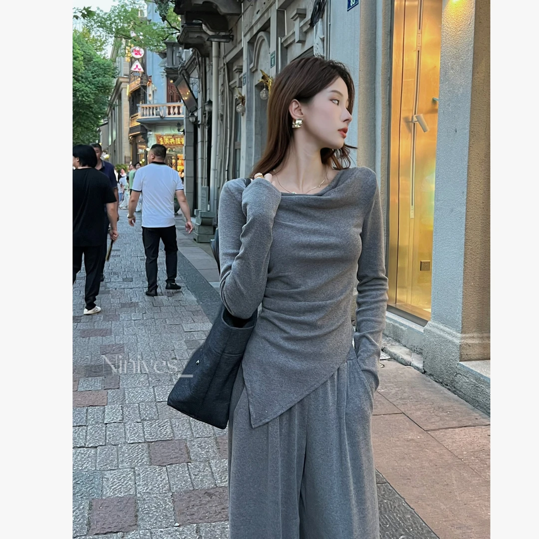 时尚套装女秋季2025新款一字肩不规则上衣休闲高级感阔腿裤两件套