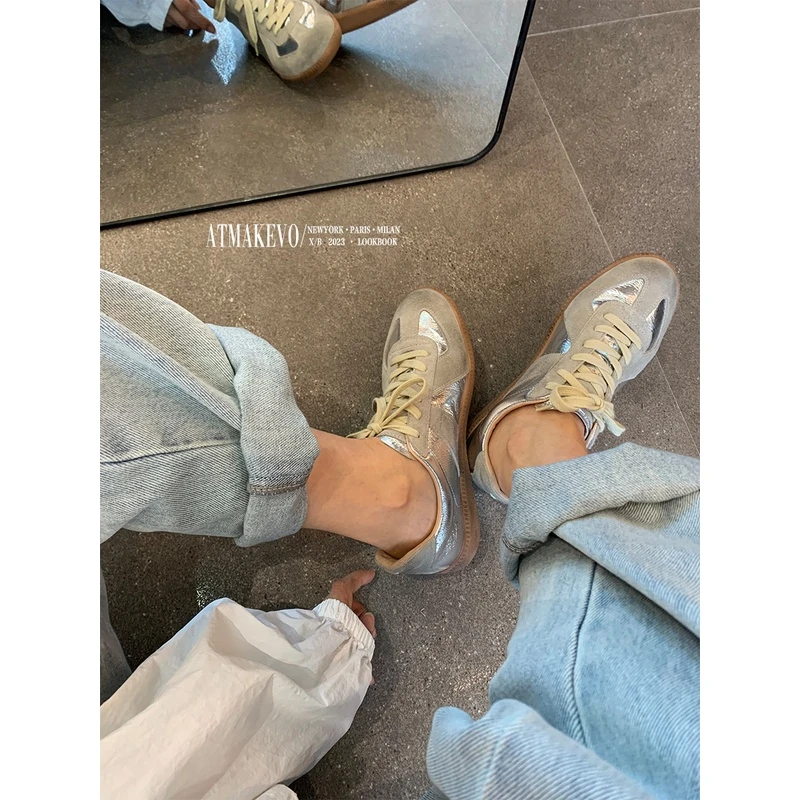 吕小布手工鞋~银色德训鞋女款2024新款运动休闲平底鞋真皮板鞋