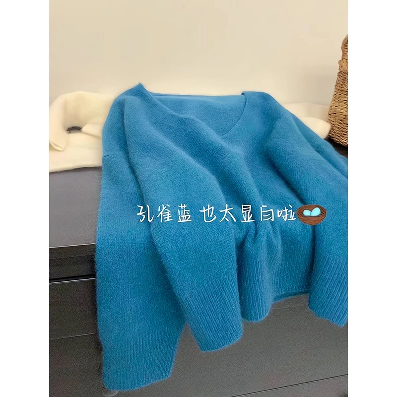 克莱因蓝v领毛衣针织衫女秋冬外穿宽松慵懒风软糯短款套头上衣厚
