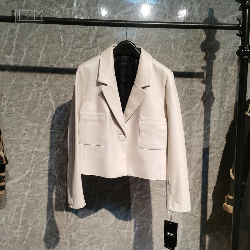 韩版女士真皮皮衣短款时尚休闲米白色百搭绵羊皮一粒扣西装外套