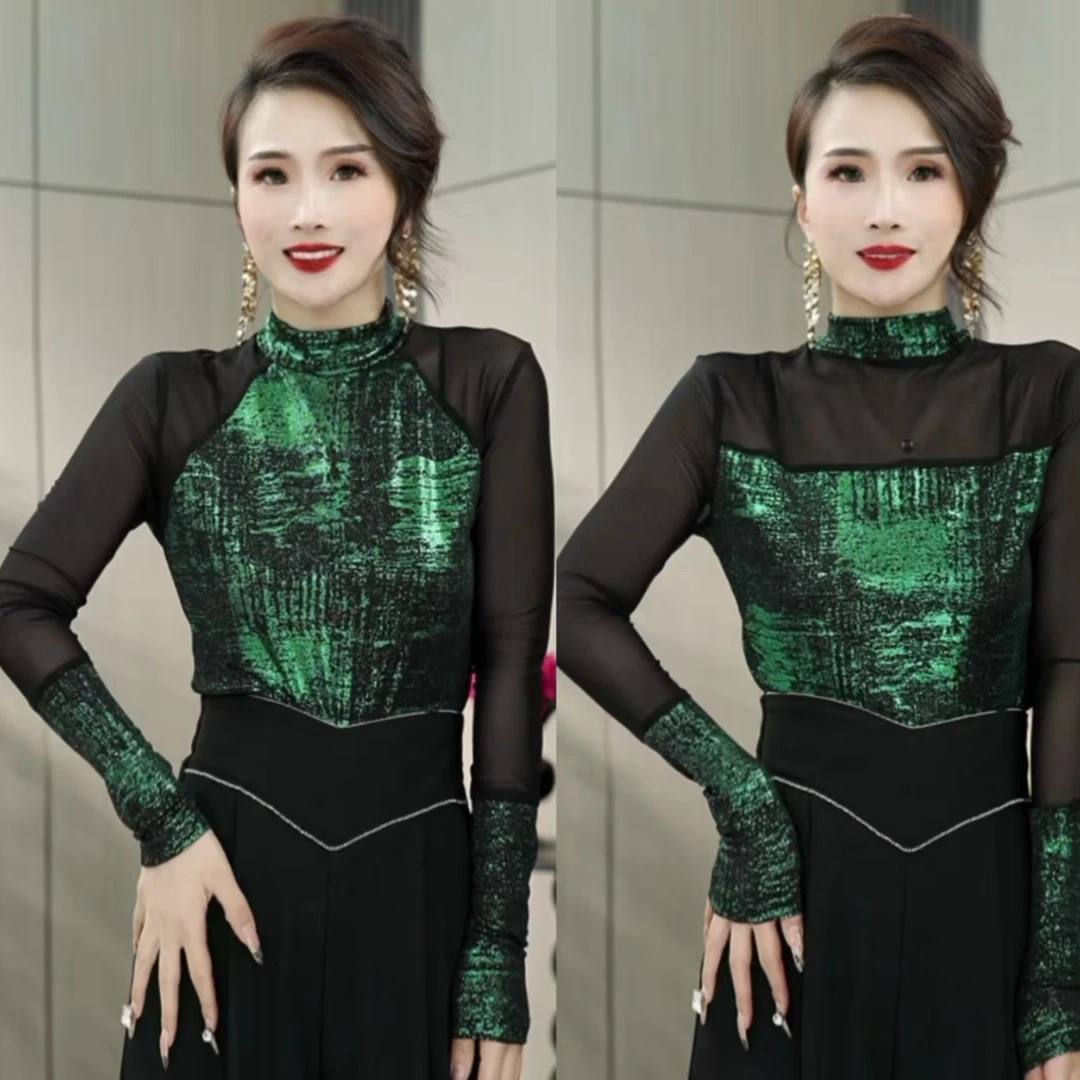 【赫美啦】秋季新款时尚百搭性感网纱烫金拼接长袖上衣女