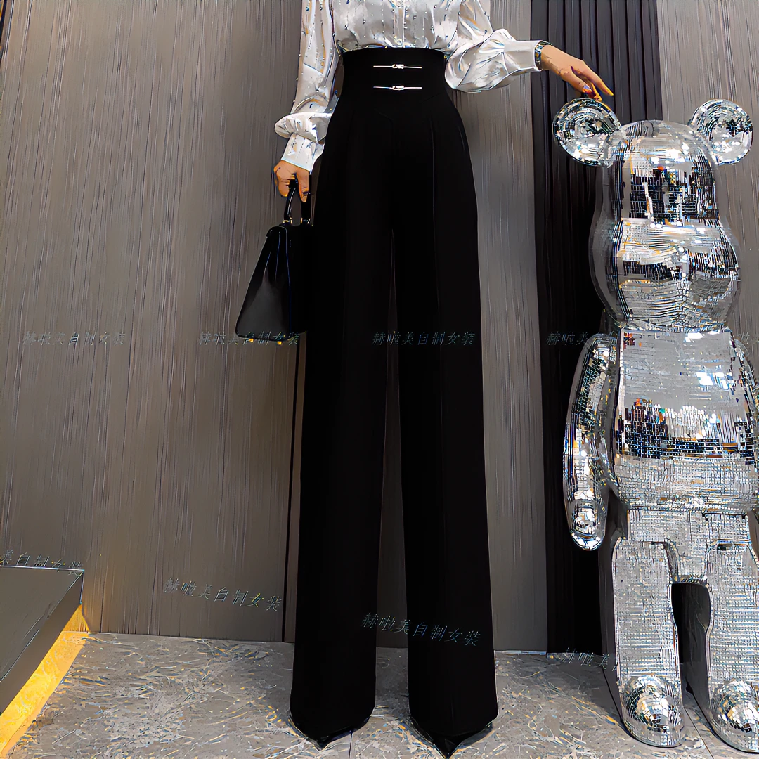 【赫美啦】新款时尚气质显瘦百搭洋气设计款金属高腰垂感阔腿裤