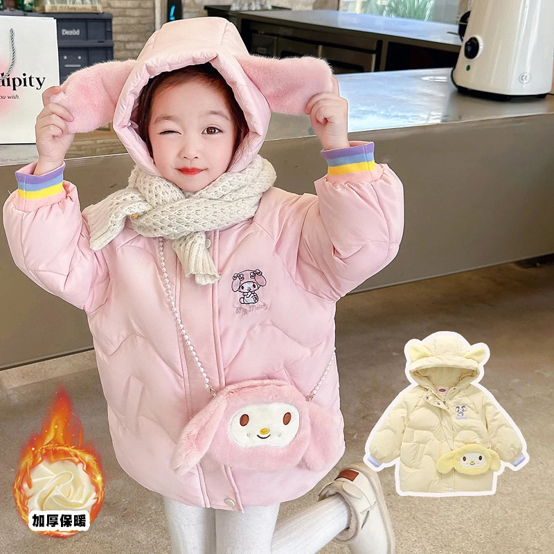 女小童加绒棉服冬季2023新款女宝宝时髦卡通加厚棉衣外套潮中长款