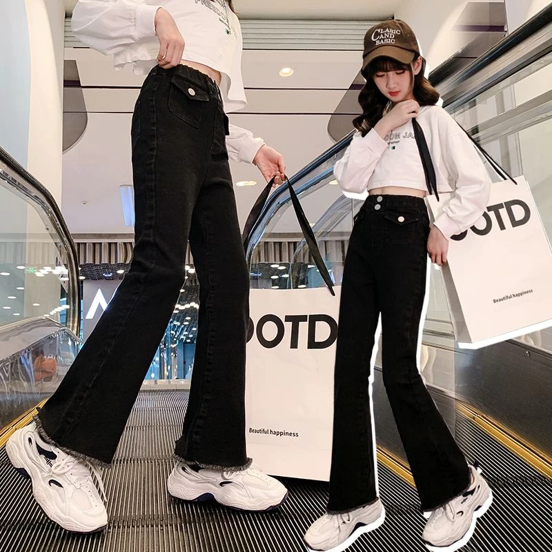 女童裤子黑色微喇牛仔裤春秋冬款中大儿童秋季高腰加绒加厚喇叭裤