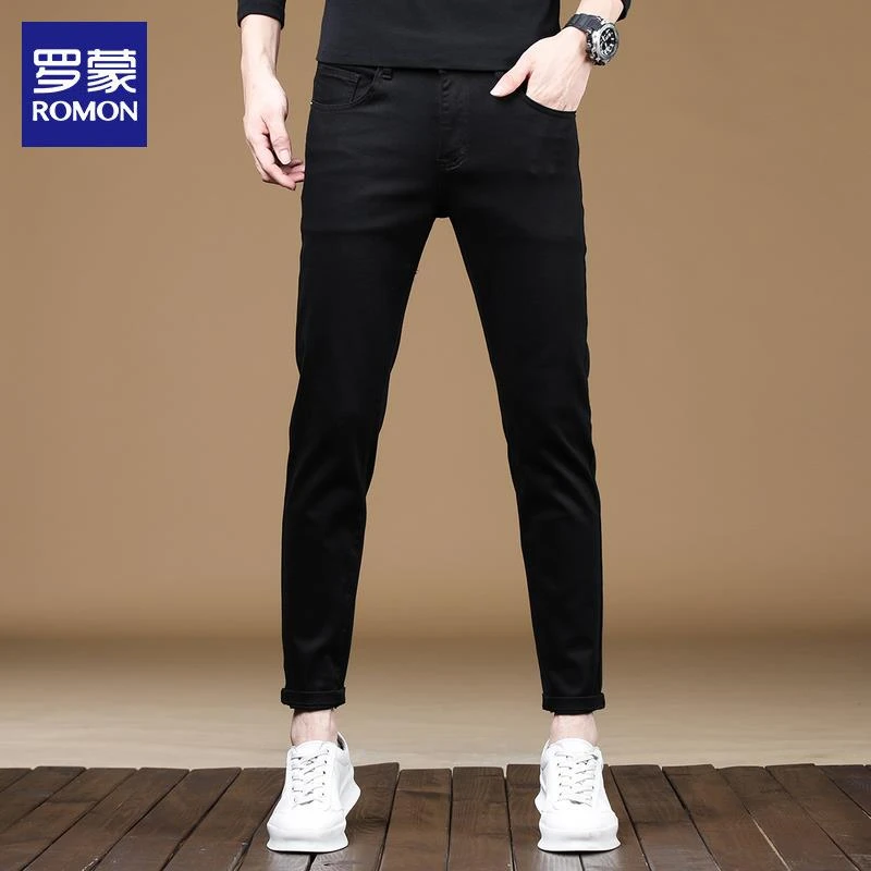 罗蒙九分牛仔裤男士修身小脚2024春秋款新款潮牌黑色休闲长裤子男