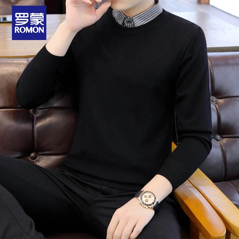 罗蒙衬衫领假两件毛衣男士春秋款2024新款打底衫保暖男士针织衫潮