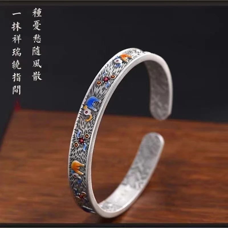足银手镯 古法吉彩象开口手镯