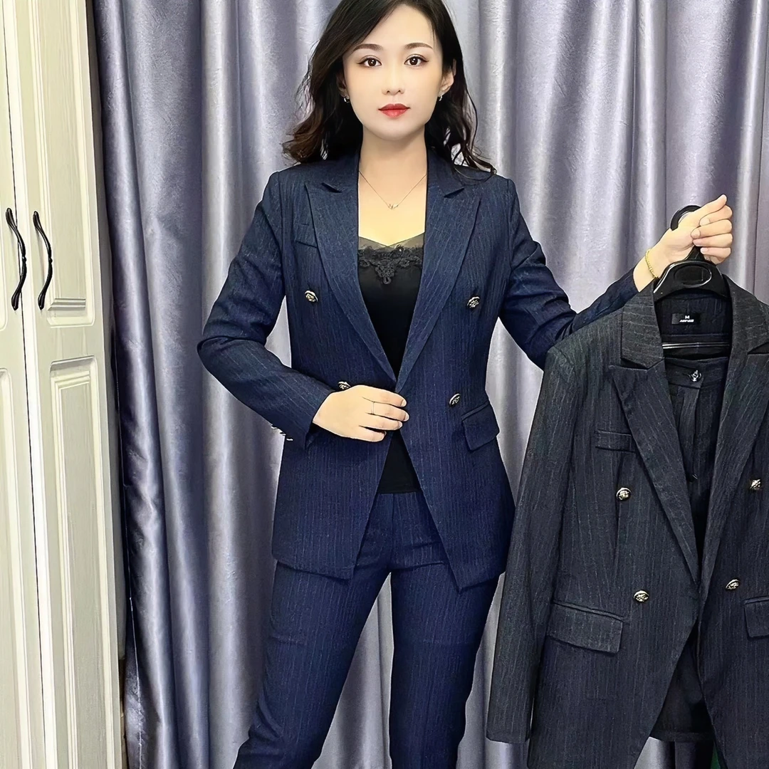 8666条纹西服套装时尚气质两件套修身显瘦女士女神范商务双排扣
