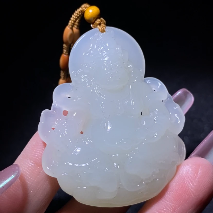 【转宝贝】精品和田玉羊脂白玉黄财神吊坠 手工精雕