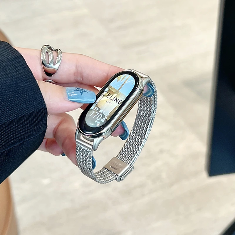 适用小米手环10/9麦穗纹编织金属陶瓷卡扣不锈钢8nfc男女时尚腕带