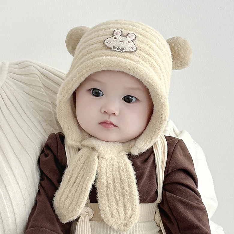宝宝帽子围脖一体帽秋冬季韩版两件套男童女婴幼儿毛线护耳帽防风