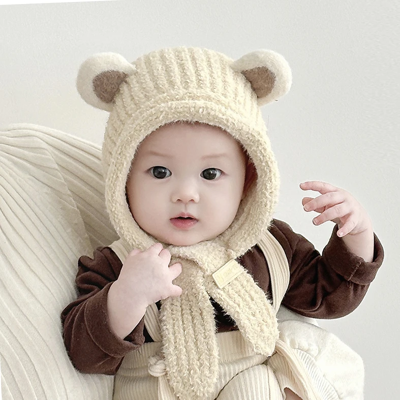 婴幼儿帽子秋冬季韩版宝宝针织加厚护耳帽防风保暖毛线围巾一体帽