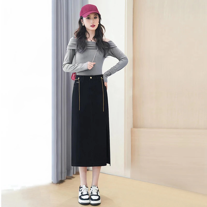 2024年春夏款牛仔高腰中长裙时尚显高显瘦半裙