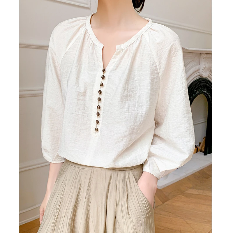 【粉丝专属】法式亚麻衬衫女夏款七分袖气质通勤宽松上衣CY1601