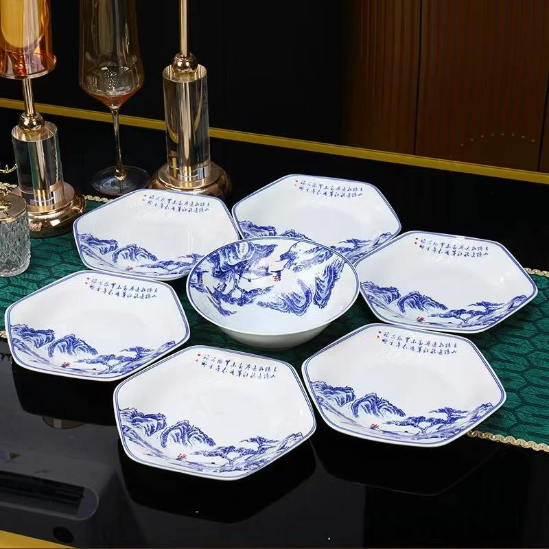 青花山水9英寸六角盘6个装+8英寸汤碗 破损补发