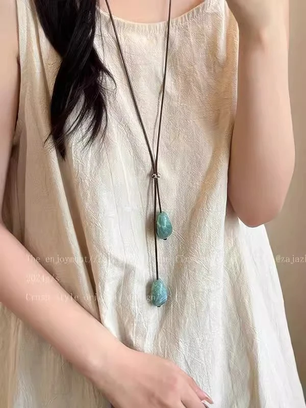 非金属陶瓷项链  圆珠编织绳项链女秋季设计毛衣链小众可抽拉配饰