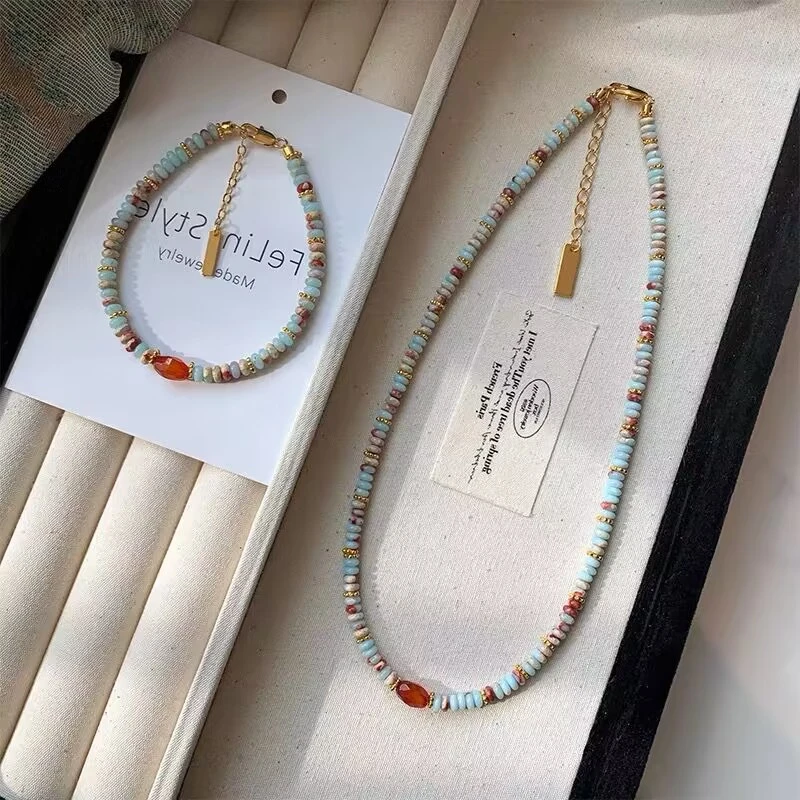 铜合金项链  多巴胺彩色串珠项链女夏季2024年新款蓝色锁骨链颈链