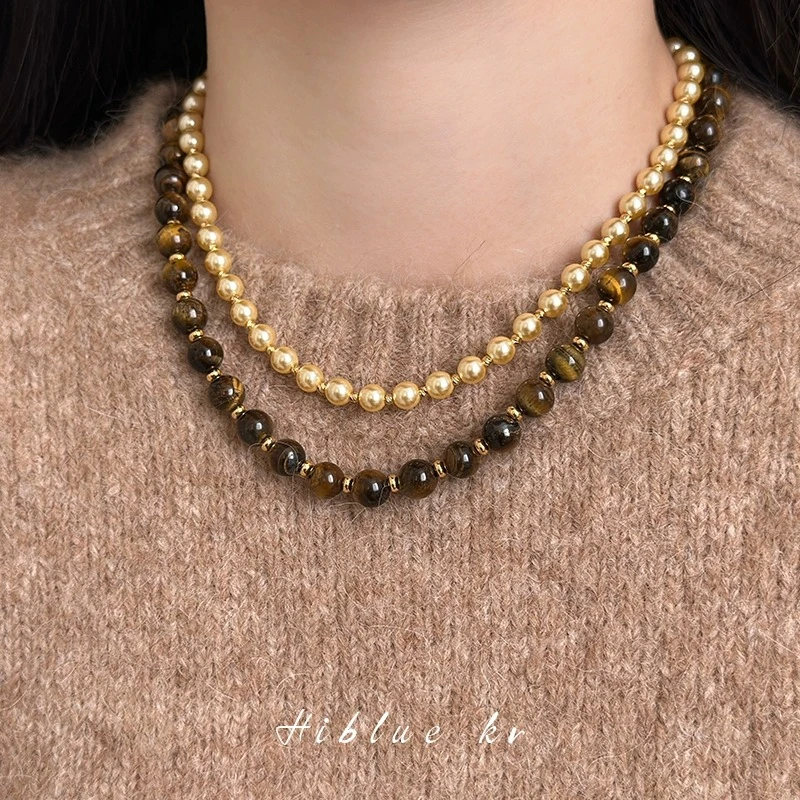 铜合金项链 美拉德虎眼石珠珠项链女秋冬小众高级感气质毛衣链潮