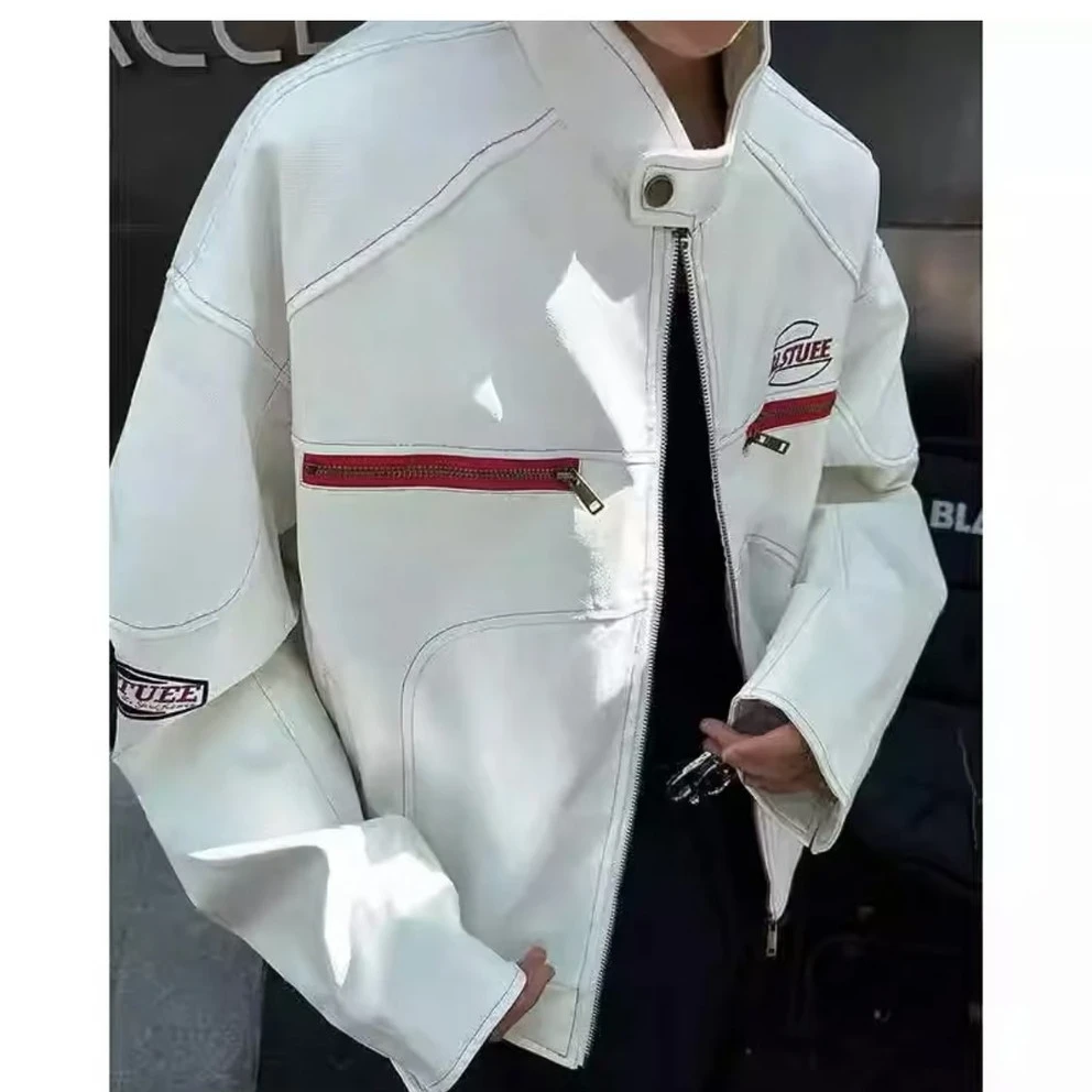 美式高街复古PU皮衣机车服情侣款春秋设计感小众宽松潮牌夹克外套