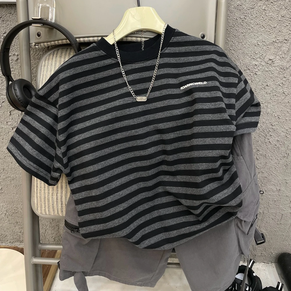 黑色条纹短袖T恤纯棉儿童夏季新款男童洋气韩版T恤衫上衣潮流复古