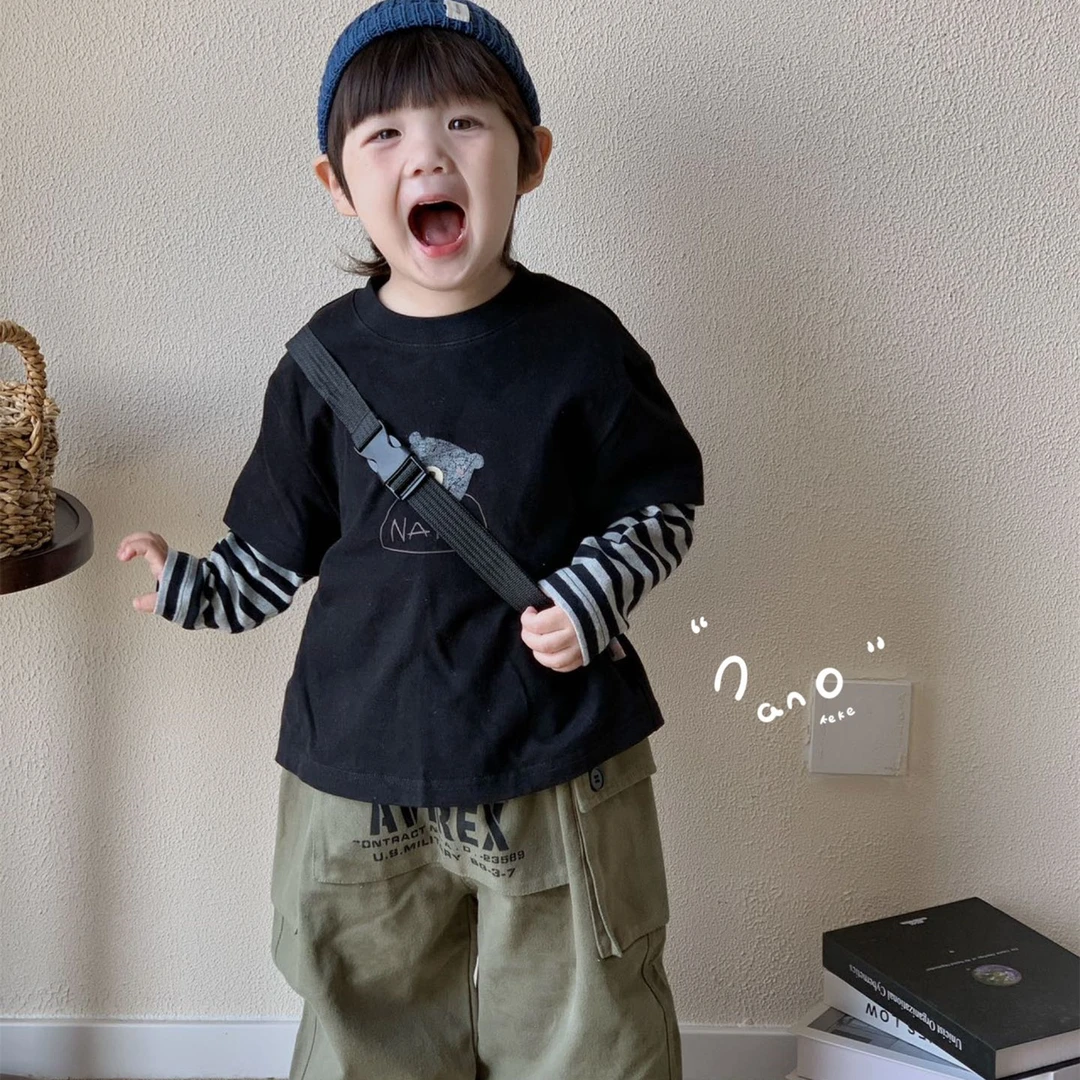 【小向子专属】秋装中小男女童装美式条纹假两件字母印花长袖T恤