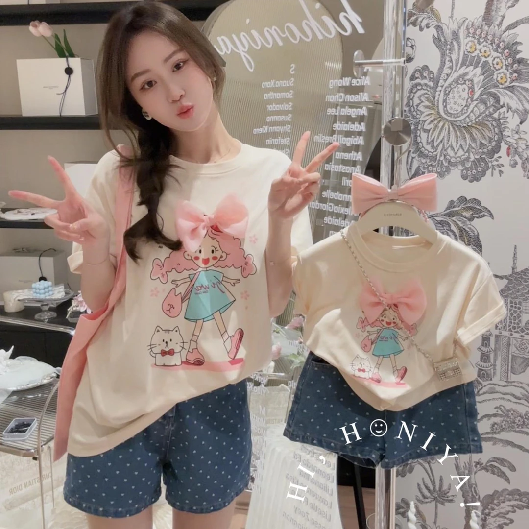 女童韩版立体蝴蝶结短袖T恤夏新女宝宝洋气卡通印花上衣纯棉女孩