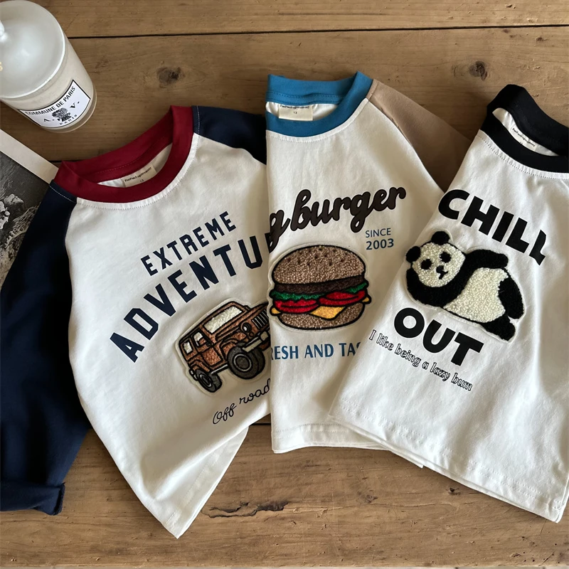 儿童长袖t恤春秋款男童卡通刺绣上衣女童洋气拼色插肩袖打底衫潮