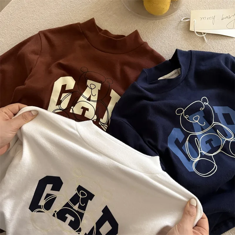 儿童德绒长袖秋冬新品男女童印花字母打底衫宝宝卡通小熊T百搭潮