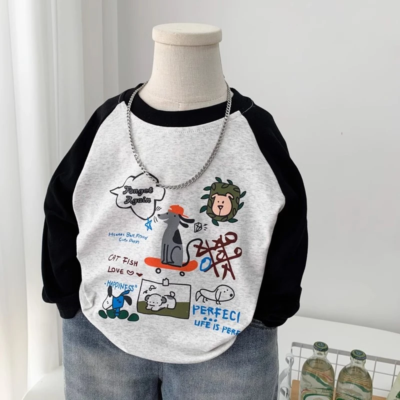 儿童纯棉长袖T恤春装新款插肩袖涂鸦打底衫男童洋气休闲百搭t上衣