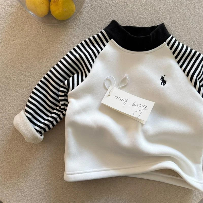 儿童加厚打底衫秋冬男女童拼色长袖T恤宝宝德绒保暖内搭上衣冬装