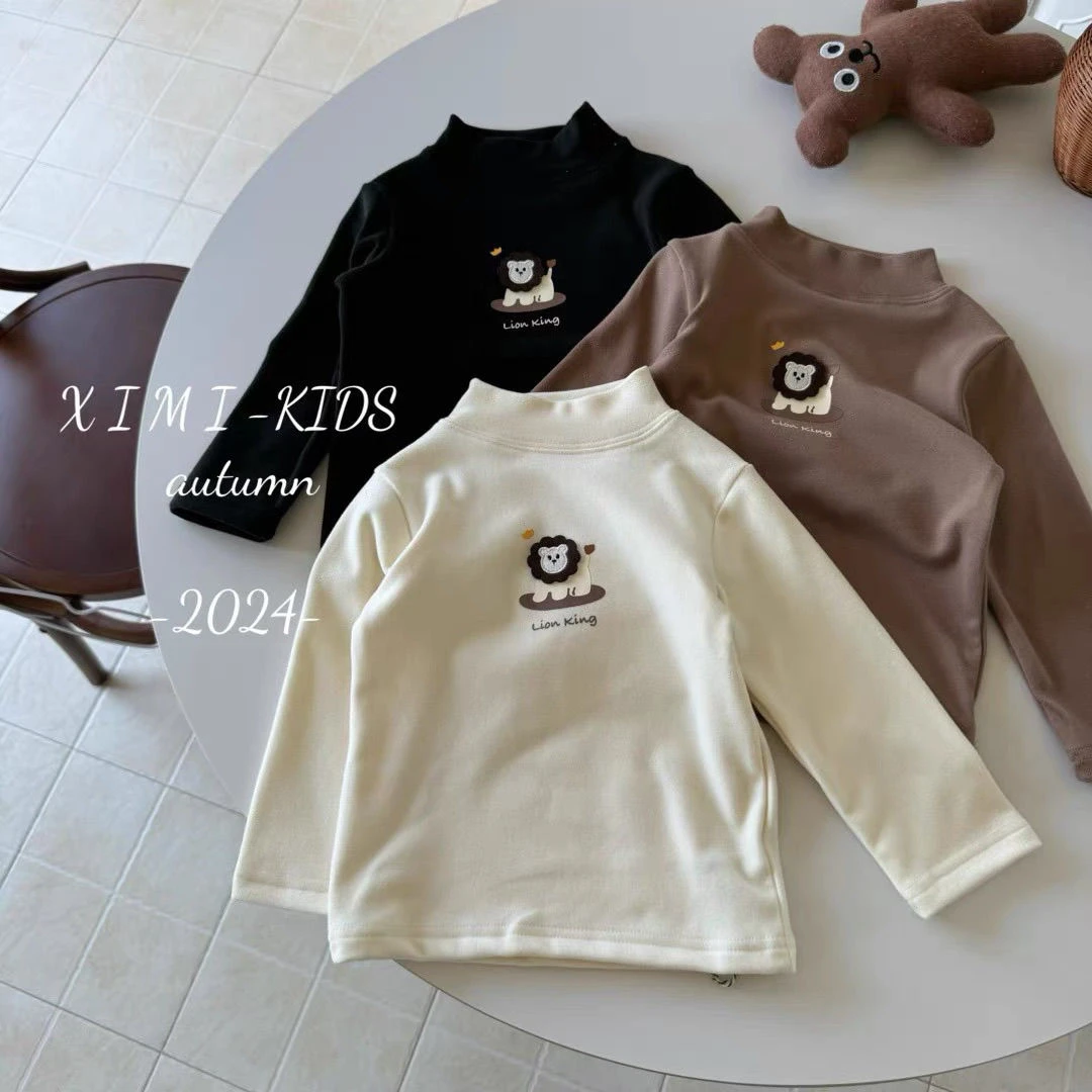 男童秋冬卡通半高领德绒保暖上衣新款宝宝皇冠狮子洋气打底衫内搭