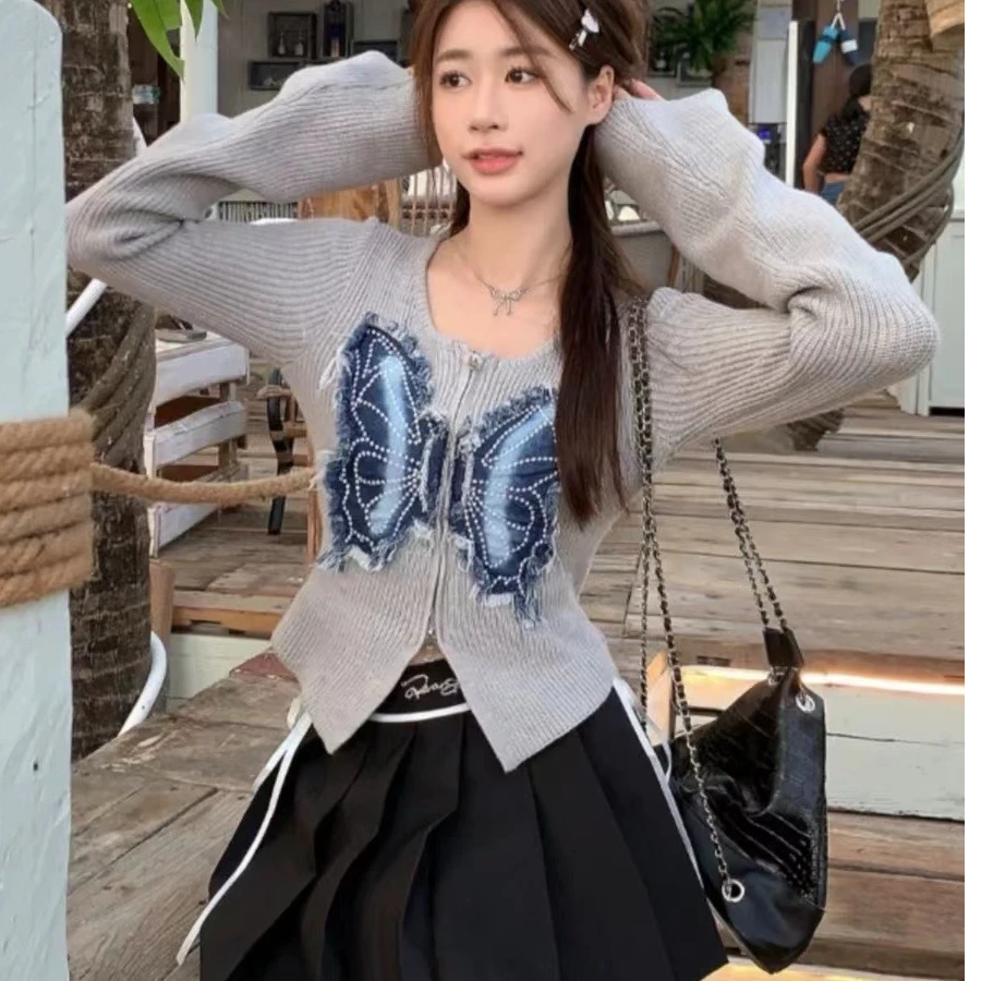 独特别致双头拉链修身长袖针织开衫女春秋辣妹设计感小众短款上衣