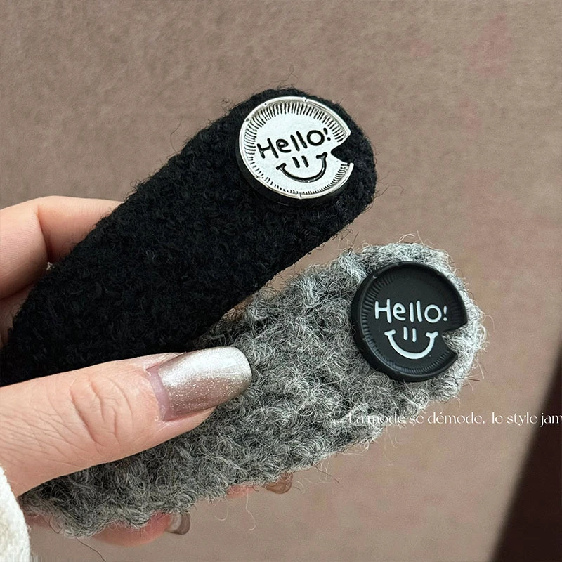 Hello笑脸毛线水滴BB夹发夹日常百搭黑灰色秋冬发饰新款刘海夹